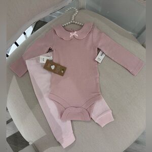 🦢 3~6 Mth Pale Pink Baby One Piece Bodysuit, Peter Pan Collar & Organic Pants